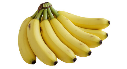 A bunch of yellow bananas with green stems lying on a surface against a dark colored background on transparent background