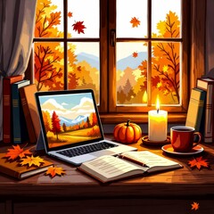 desk laptop cup coffee book pumpkin candle desk front window view beautiful autumn landscape window covered orange yellow leaves several books scattered around desk laptop screen displays landscape