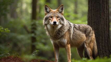 Naklejka premium Golden Jackal in Natural Light Standing on Grassland