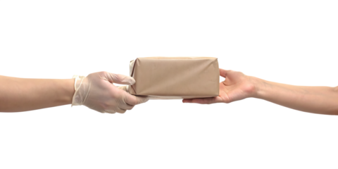 Delivery man hand handling package to customer hand on transparent background PNG