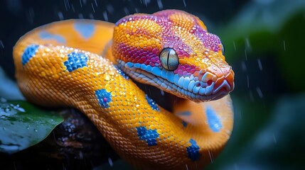 A stunning close-up shot of a vibrant tree python coiled on a branch in the rain.