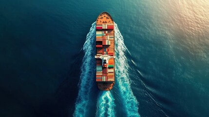 Container ship in import export and business logistic.By crane ,Trade Port , Shipping.cargo to harbor.Aerial view.Water transport.International.Shell Marine.Top view. 