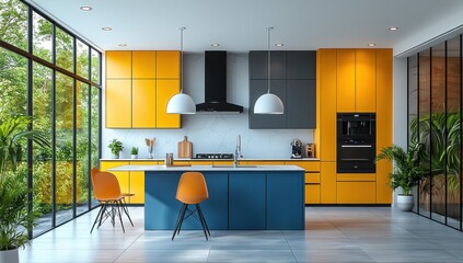 Modern kitchen design featuring vibrant yellow and blue cabinets.