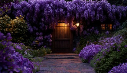 Naklejka premium Rustic entrance, wisteria, evening light