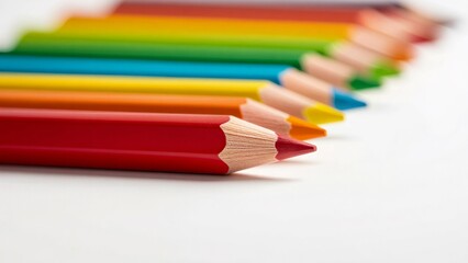 Fototapeta premium group colored pencils arranged row white surface pencils different colors red orange yellow green blue purple red pencil center yellow pencil side green pencil middle colors vibrant stand out against