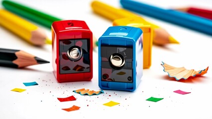 two pencil sharpeners one red one blue white surface red sharpener side blue sharpener right side center several colored pencils scattered around sharpener including yellow green blue red pencils
