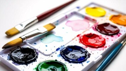 Obraz premium watercolor palette two paintbrushes side paintbrush right side palette rectangular shape has multiple colors watercolor colors arranged grid like pattern color having different hue color six colors
