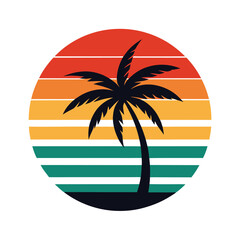 ropical Sunset Vibes or Retro Sunset Palms. It evokes a nostalgic, tropical feel with its warm, striped sunset and silhouette of a palm tree