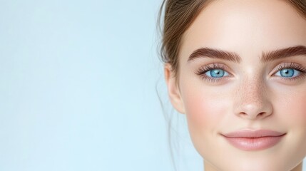 Fototapeta premium Close-up of a woman with flawless skin and bright blue eyes. Soft, natural makeup enhances her features