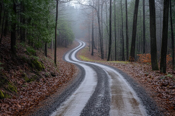 Fototapeta premium Road winding through foggy woods, creating a serene and mysterious atmosphere.