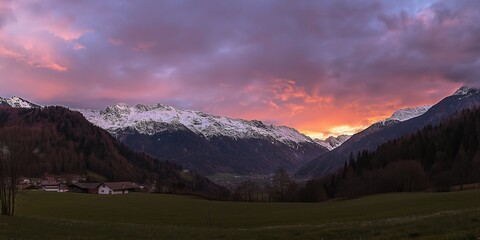 Happy woman standing with her back on sunset in nature . Panoramic view of a colorful sunset created by ai