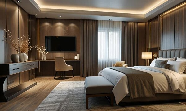 Modern Luxury Bedroom with Warm Wooden Decor and Ambient Lighting