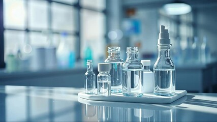 Blurry background. Table with several clear bottles and a spray bottle. The bottles are all different sizes and shapes, and they are all filled with water - Powered by Adobe