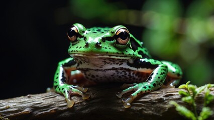 Fototapeta premium Green Tree Frog on Branch – Nocturnal Amphibian in Natural Habitat