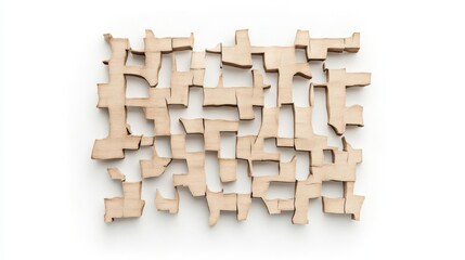 A creative arrangement of wooden puzzle pieces on a light backdrop, symbolizing problem-solving and creativity.