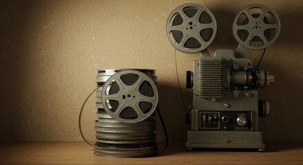 Vintage Film Reels and Projector Against a Beige Stucco Wall