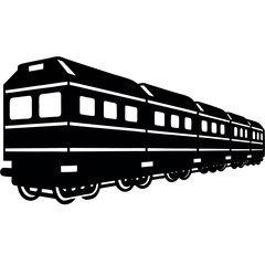 Black silhouette of long passenger train with multiple cars on white background