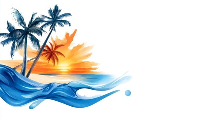 Fototapeta premium Vibrant tropical sunset with palms and ocean waves, evoking feelings of relaxation and serenity in nature.