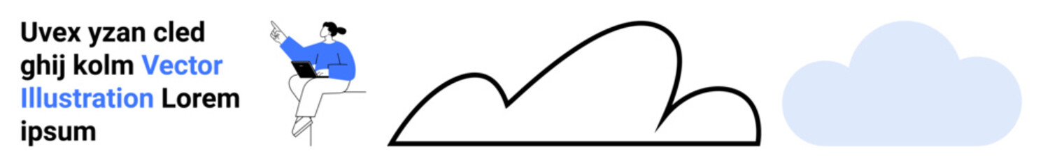 Person seated holding a laptop, abstract line art resembling hills, and a soft blue cloud. Ideal for creativity, remote work concept, nature themes, abstract design, simplicity, digital solutions