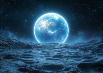 Fototapeta premium A large, glowing blue planet dominates the dark, starry sky above a rugged, cratered landscape.