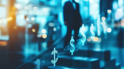 Investment progress concept, ascending step chart with dollar signs, blurred businessman in background, financial strategy and wealth building, stock photo with copy space.