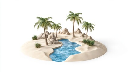 Fototapeta premium A serene oasis scene featuring palm trees, a tranquil river, and sandy shores inviting relaxation and peace.