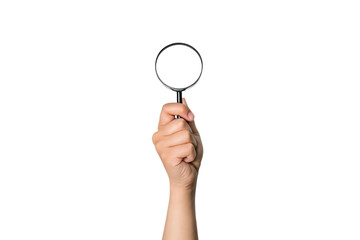 Hand holding magnifying glass isolated on white background PNG