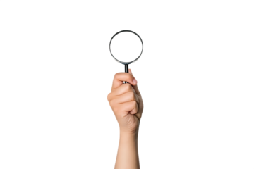 Hand holding magnifying glass isolated on white background PNG
