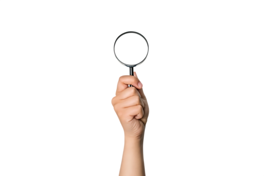 Hand holding magnifying glass isolated on white background PNG