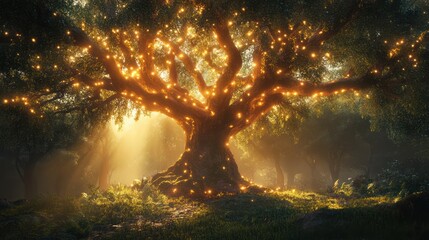 Enchanted arbor adorned with celestial lights illuminating a whimsical grove
