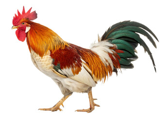 Fototapeta premium A vibrant rooster with colorful plumage standing against a stark black background in full view