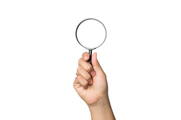 Hand holding magnifying glass isolated on white background PNG