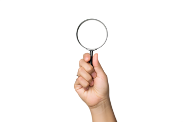 Hand holding magnifying glass isolated on white background PNG