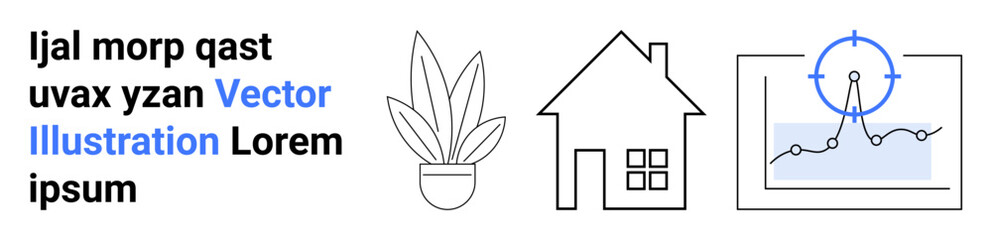 Potted plant, house, magnified graph. Ideal for business ideas, real estate, urban living, sustainability, analytics, marketing flat landing page banner