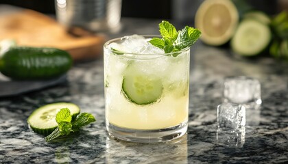 Fototapeta premium Refreshing cucumber cocktail garnished