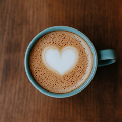 Teal cup full of cappuccino with latte art in the shape of a heart sits on a wooden table