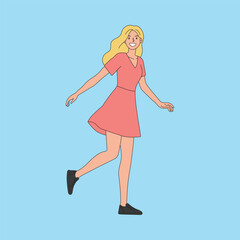 Happy woman in a casual dress smiling and posing on a blue background. Flat vector illustration of a cheerful lifestyle concept.