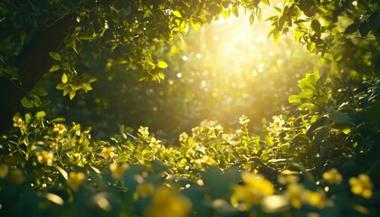 Sunny citrus grove with blooming flowers