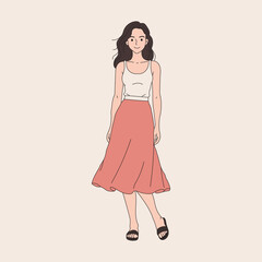 Young woman in casual summer outfit smiling and standing on a light background. Flat vector illustration of relaxed fashion and lifestyle concept.