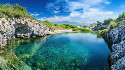 Amazing spring view on the the cape Milazzo panorama of nature reserve Piscina di Venere.