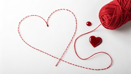 Red yarn forming heart shape with blood drop beads and small heart accessory on white background, symbolizing connection, donation, and compassion. Concept of healthcare and humanity