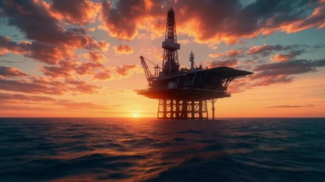 A huge oil rig floating in the ocean with a beautiful sunset background. Smooth repeating motion for background video animation.