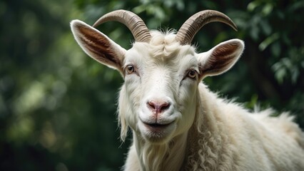 Obraz premium Close-Up Portrait of White Goat at Sunset in Pasture