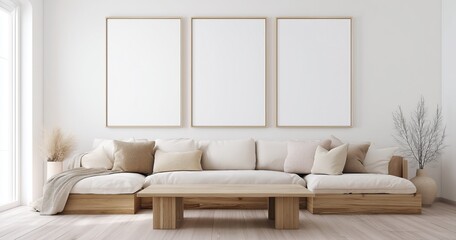 Trois grands cadres vides accrochés au mur au-dessus d'un canapé en bois avec coussins dans un salon avec un parquet en bois clair, dans un style minimaliste avec des tons beiges et blancs.