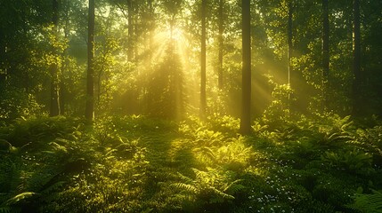 Obraz premium Green forest with morning light beams high resolution picture