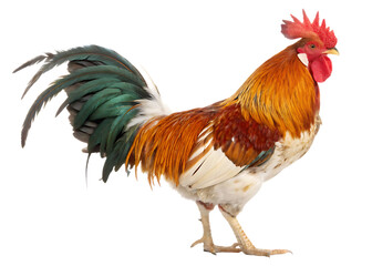 Fototapeta premium A colorful rooster with orange and green feathers standing against a black background in a studio shot