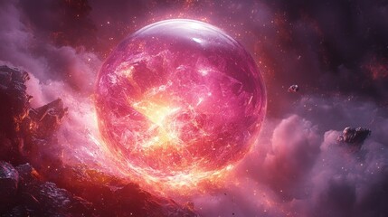 Fototapeta premium Celestial Inferno: A Fiery Cosmic Orb Engulfed in a Nebula of Crimson and Orange Hues