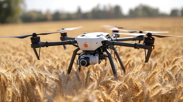 Drone hovers over wheat field agricultural technology imagery