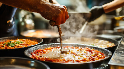 Fototapeta premium Chef Stirring a Steaming Pan of Pasta