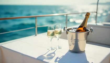A table on the deck of a boat, with two wine glasses and a bottle of champagne on it. The table is covered with a white tablecloth and there is a silver ice bucket with ice cubes in it .